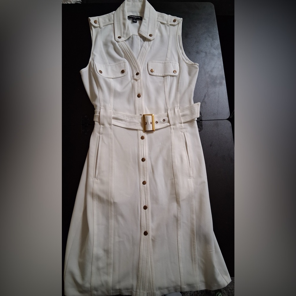 Sharagano Cream Belted Midi Dress with Button Accents